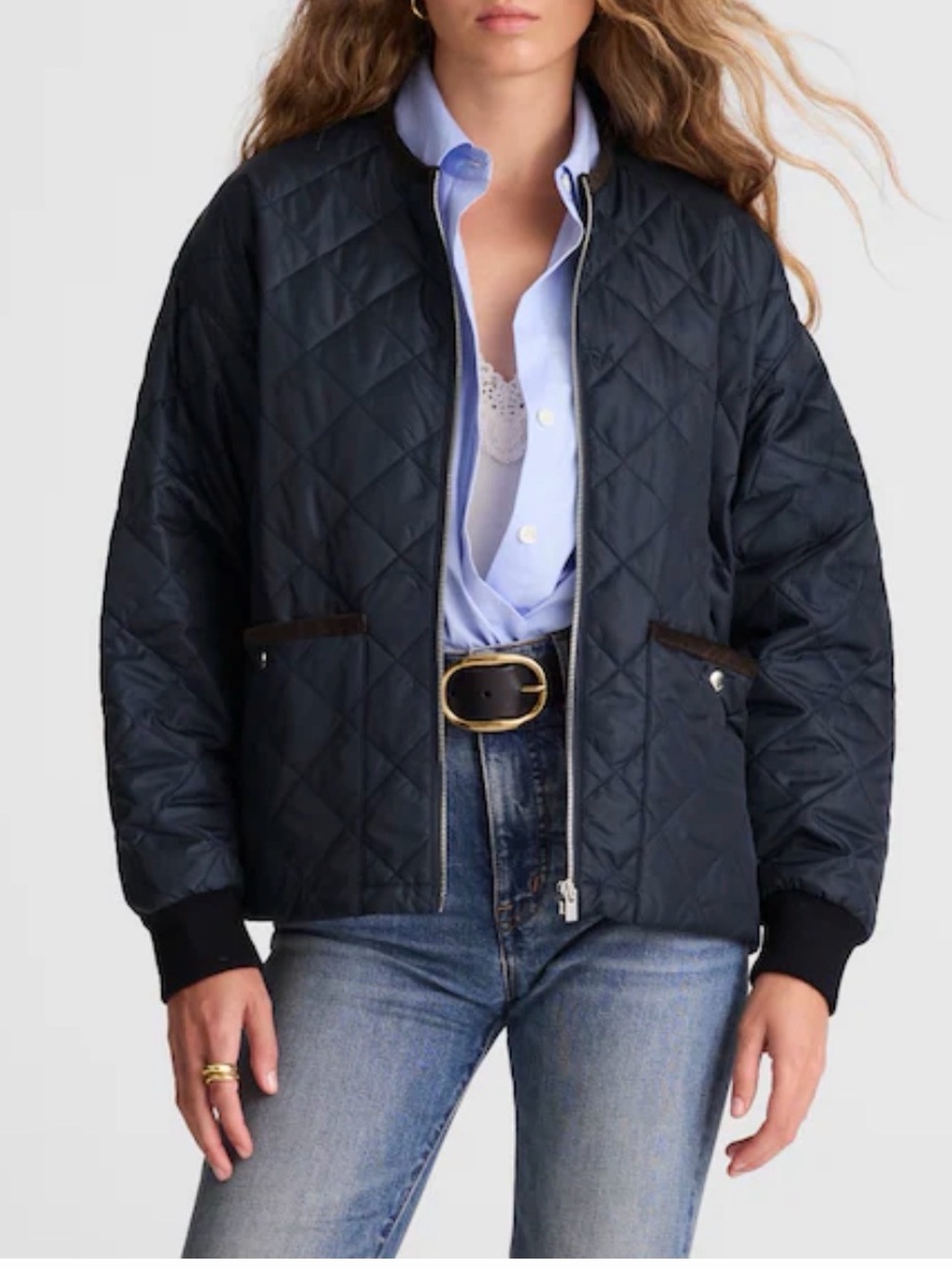Madewell Quilted Bomber Jacket Navy Blue Brown Chore Barn Jacket Sz. S $218 NEW